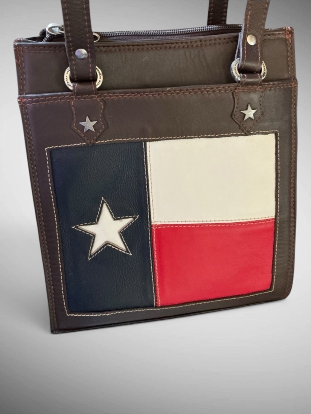 American West Genuine Leather Texas Flag Shoulder Bag Western Tote
